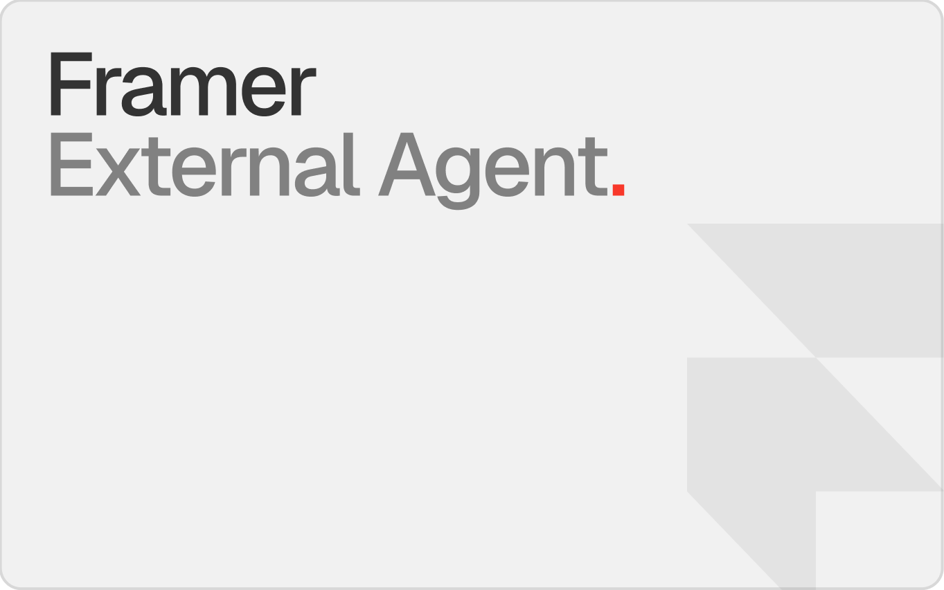 Framer External Agent title card with Framer logo