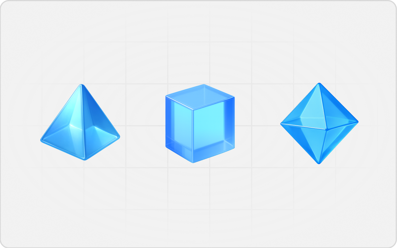 Kresna semi-transparent blue pyramid, cube and octahedron