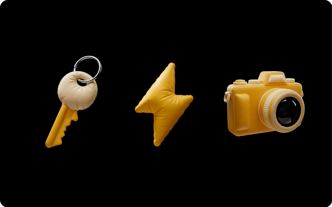 Rama yellow puffy key, lightning bolt and camera objects