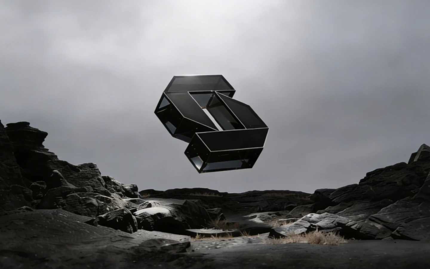 Sanjaya black glass sculpture above a volcanic landscape